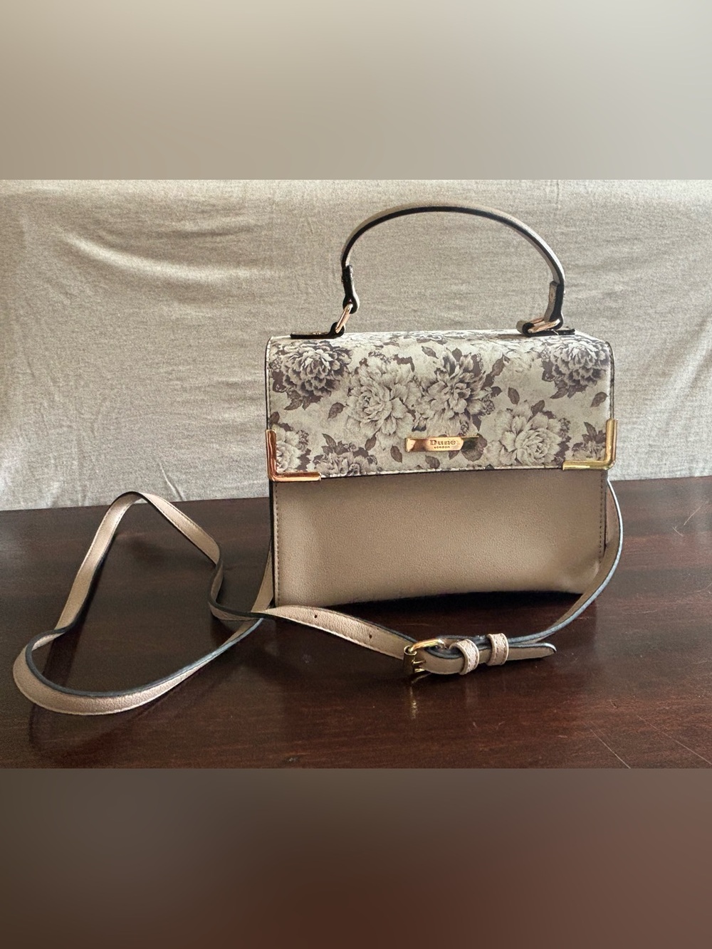 Dune London Taupe Floral-Print Top Handle Crossbody Bag